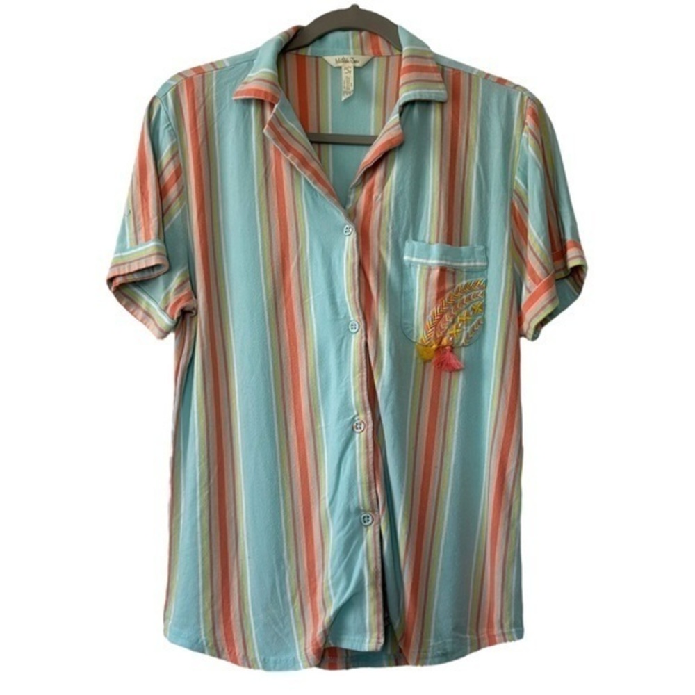 Matilda Jane Womens Blue Short Sleeve Goodnight Stripes Pajama Shirt Sz S